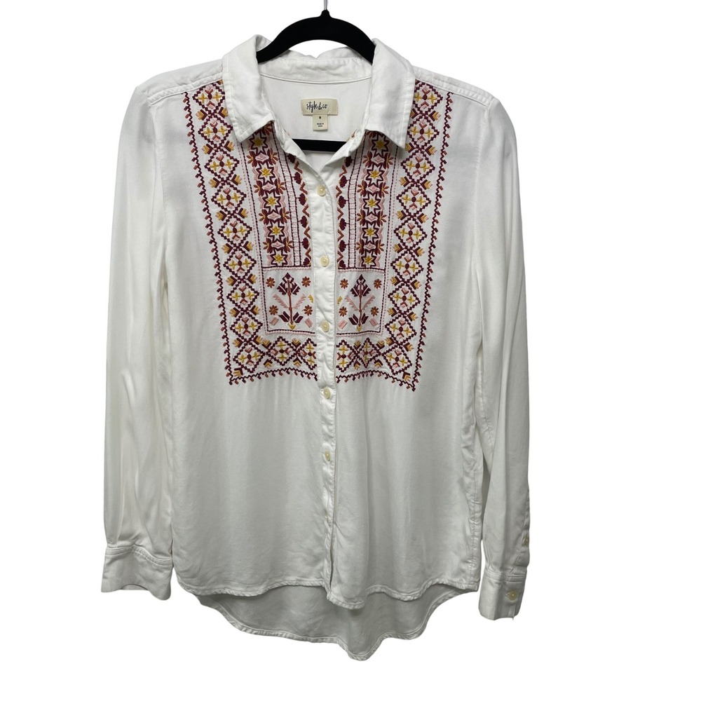 Style & Co Womens White Embroidered Boho Aztec Button Down Shirt‎ High Low Top M